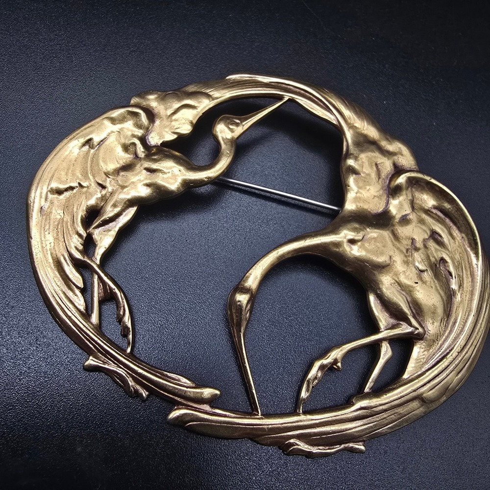 Vintage Crane Bird Brooch Oval Gold Tone Art Nouveau